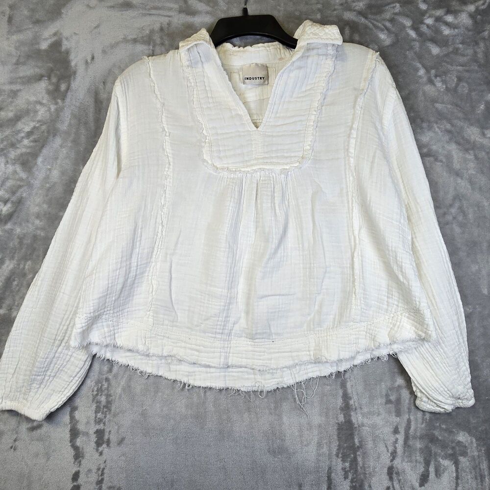 Industry Womens Blouse Shirt White Gauzy V Neck Collared Raw Hem Comfy Soft read